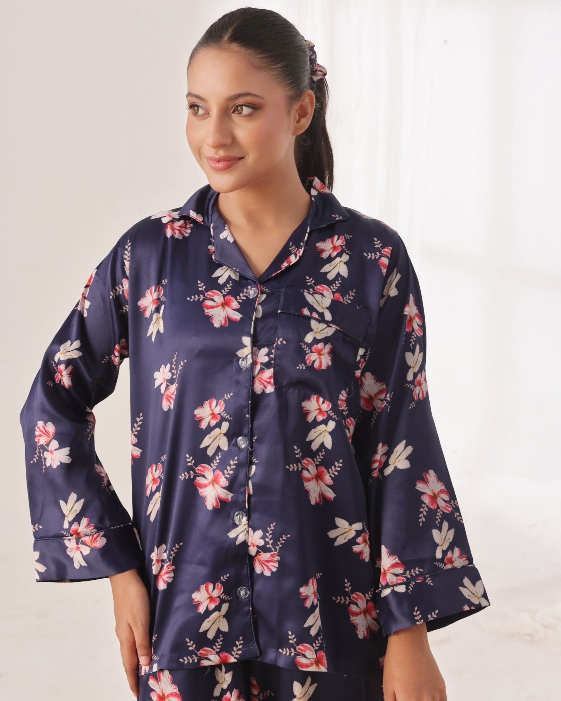 Buy Sajiero Silk Pajama Suit with Scrunchie - Blue Blush in Pakistan