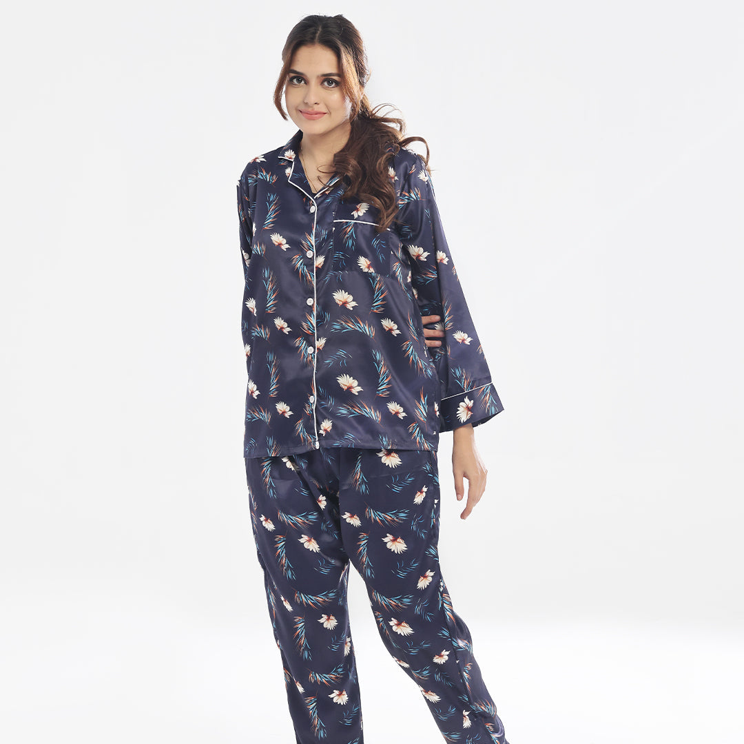 Buy Sajiero Silk Pajama Suit with Scrunchie - Bloom Haven in Pakistan