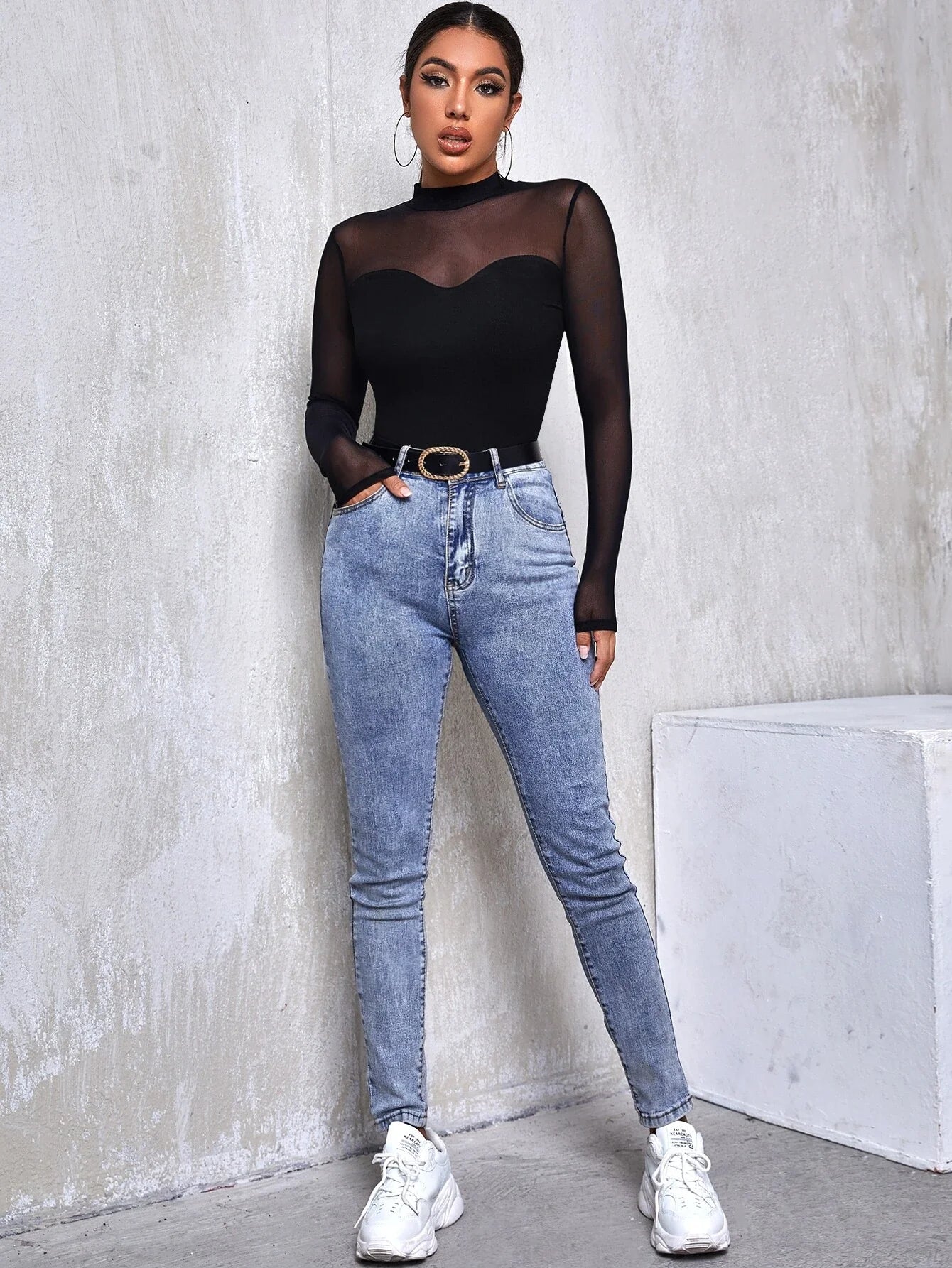 Buy SHEIN Mesh Yoke Solid Tee in Pakistan