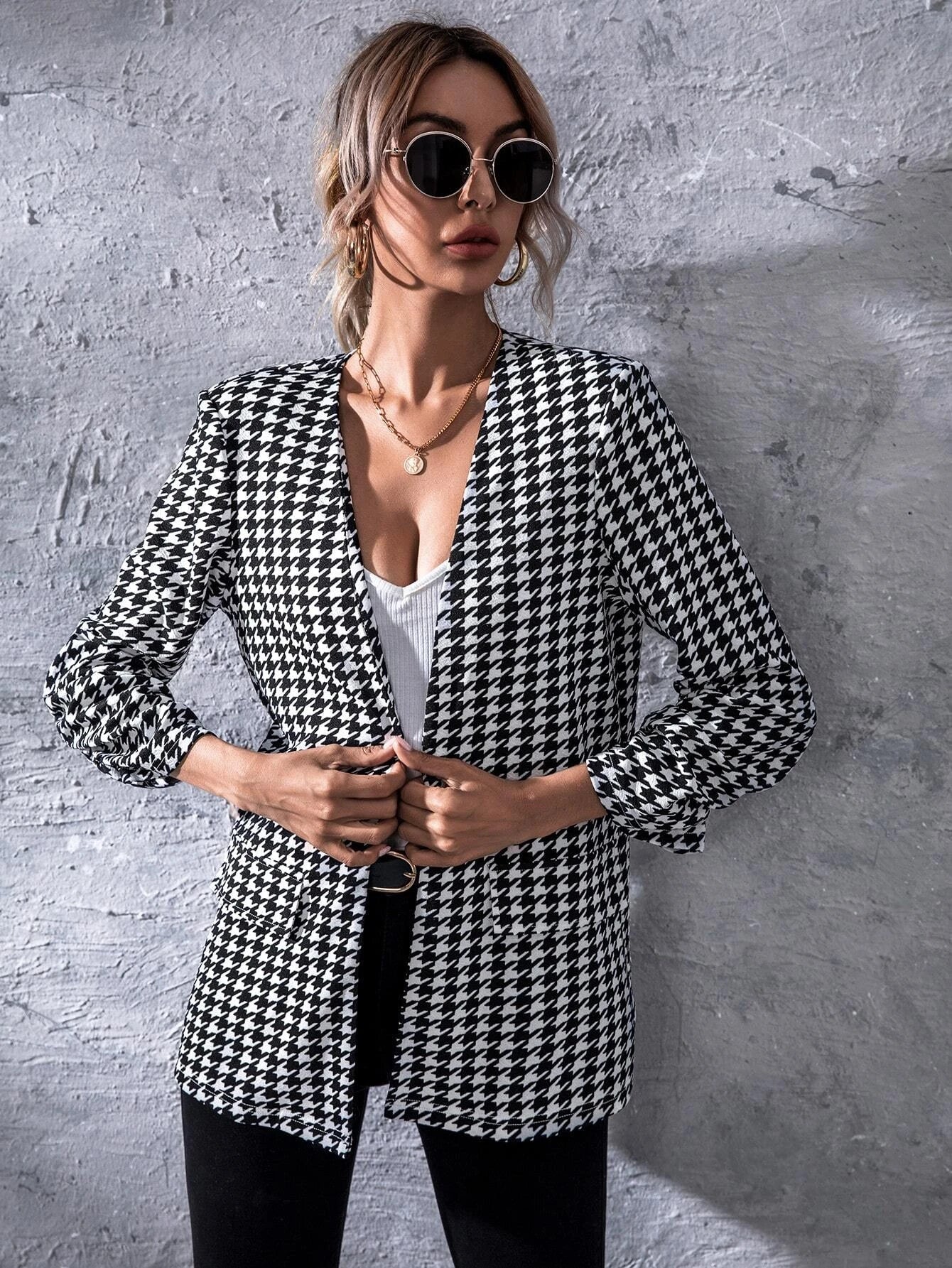 Buy SHEIN Unity Open Front Houndstooth Blazer in Pakistan