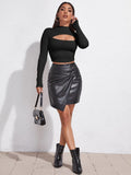 Buy SHEIN Mock Neck Cut-out Rib-knit Slim Crop Tee in Pakistan