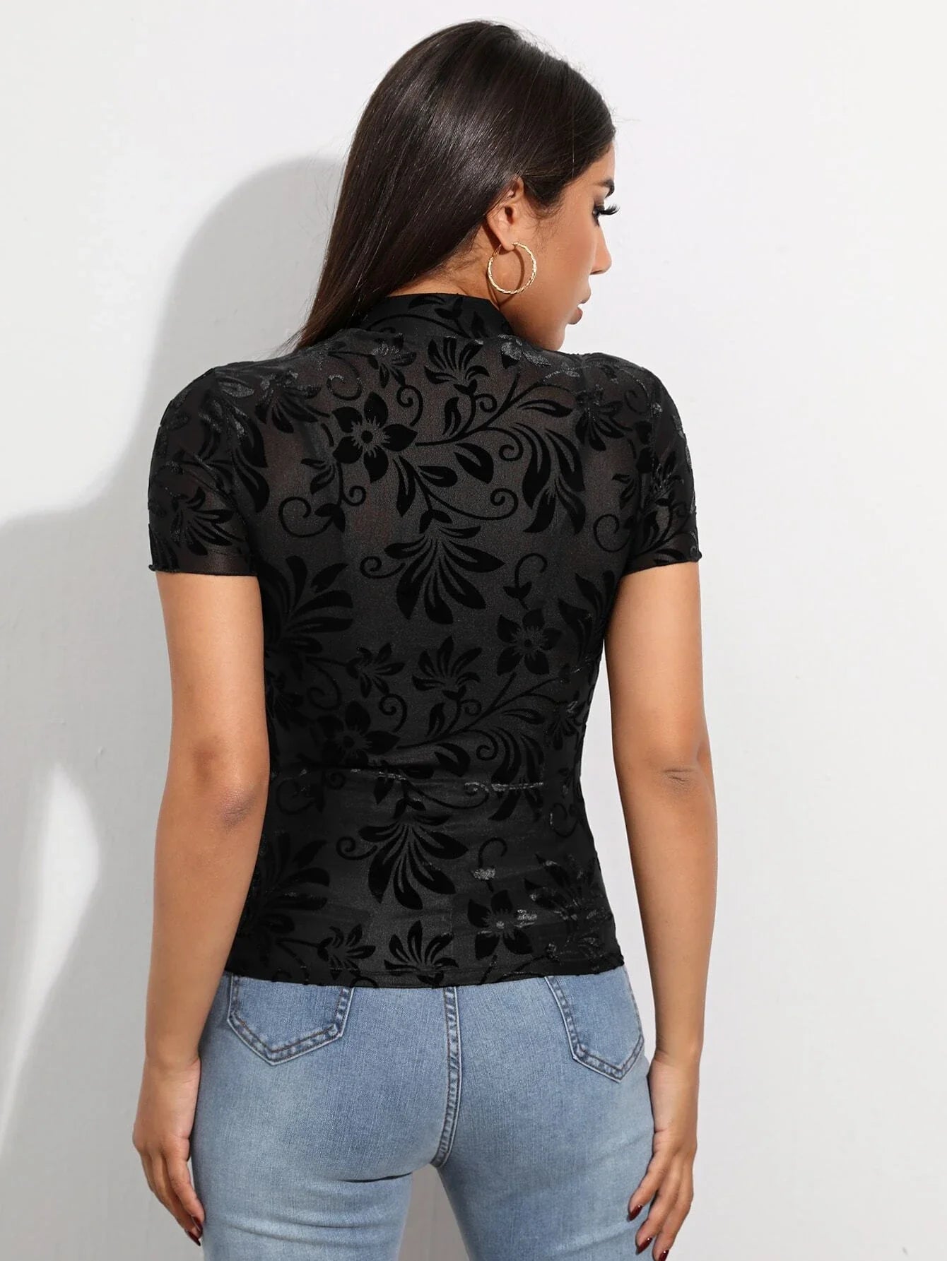 Buy SHEIN Flocked Floral Sheer Mesh Top Without Bra in Pakistan