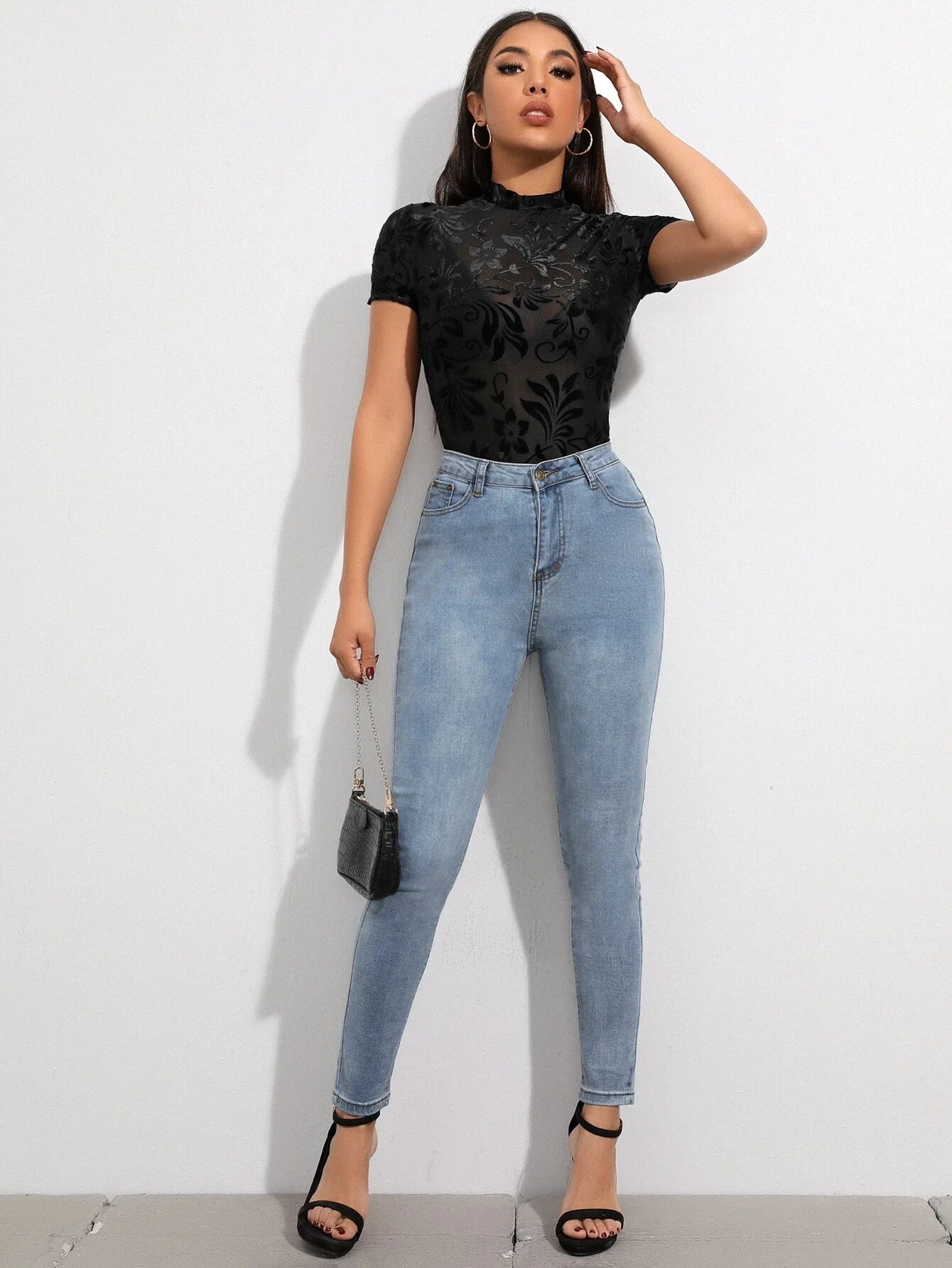 Buy SHEIN Flocked Floral Sheer Mesh Top Without Bra in Pakistan