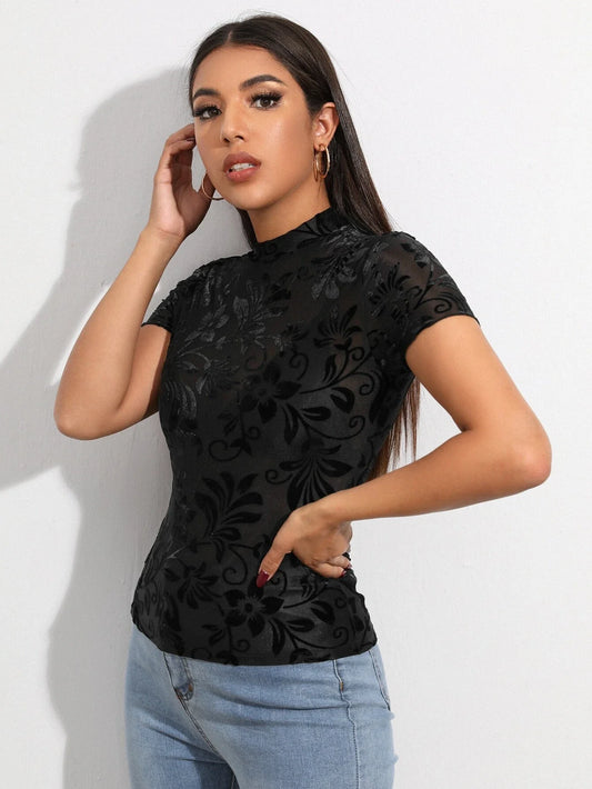 Buy SHEIN Flocked Floral Sheer Mesh Top Without Bra in Pakistan