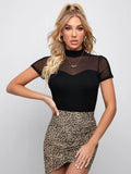 Buy SHEIN Mock Neck Sheer Mesh Yoke Tee in Pakistan