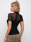 Buy SHEIN Mock Neck Sheer Mesh Yoke Tee in Pakistan