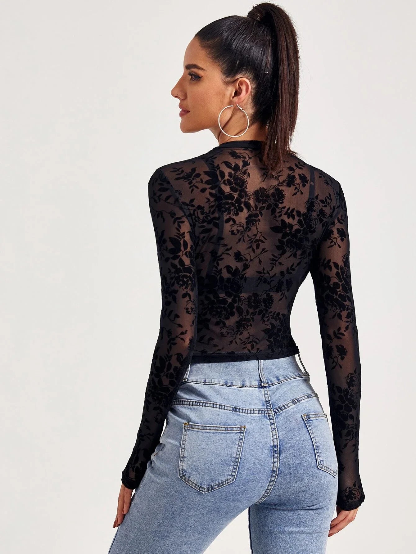 Buy SHEIN Mock-Neck Flocked Mesh Top Without Bra in Pakistan