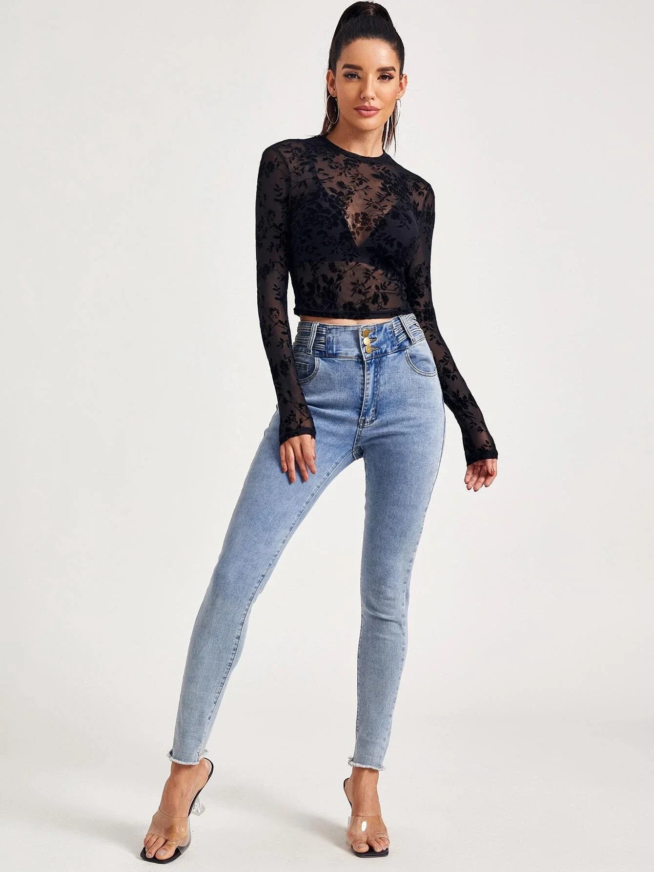 Buy SHEIN Mock-Neck Flocked Mesh Top Without Bra in Pakistan