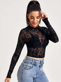 Buy SHEIN Mock-Neck Flocked Mesh Top Without Bra in Pakistan
