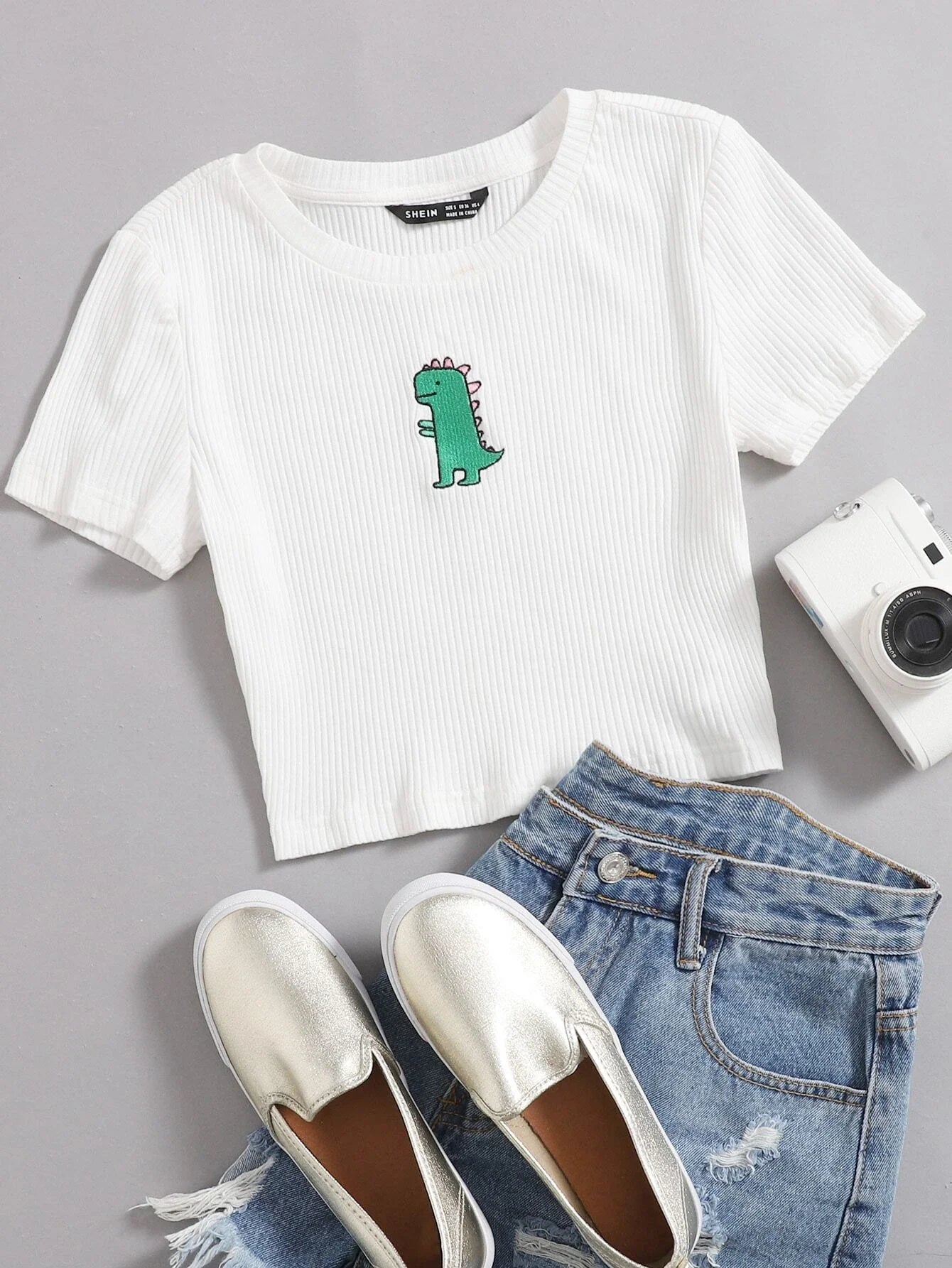 Buy SHEIN EZwear Cartoon Embroidered Rib-knit Crop Top in Pakistan