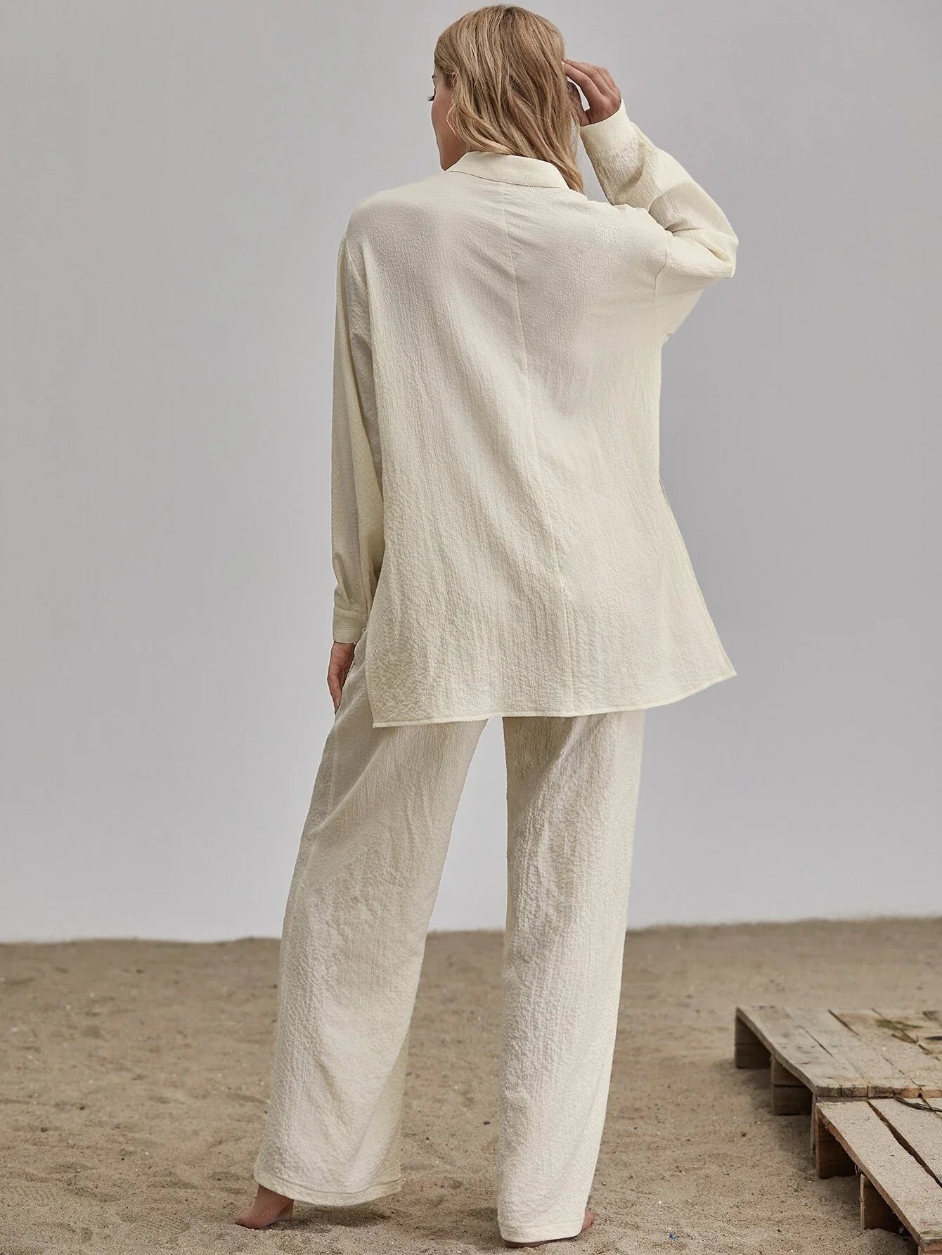 Buy SHEIN Unity Slit Hem Longline Blouse & Wide Leg Pants Set in Pakistan