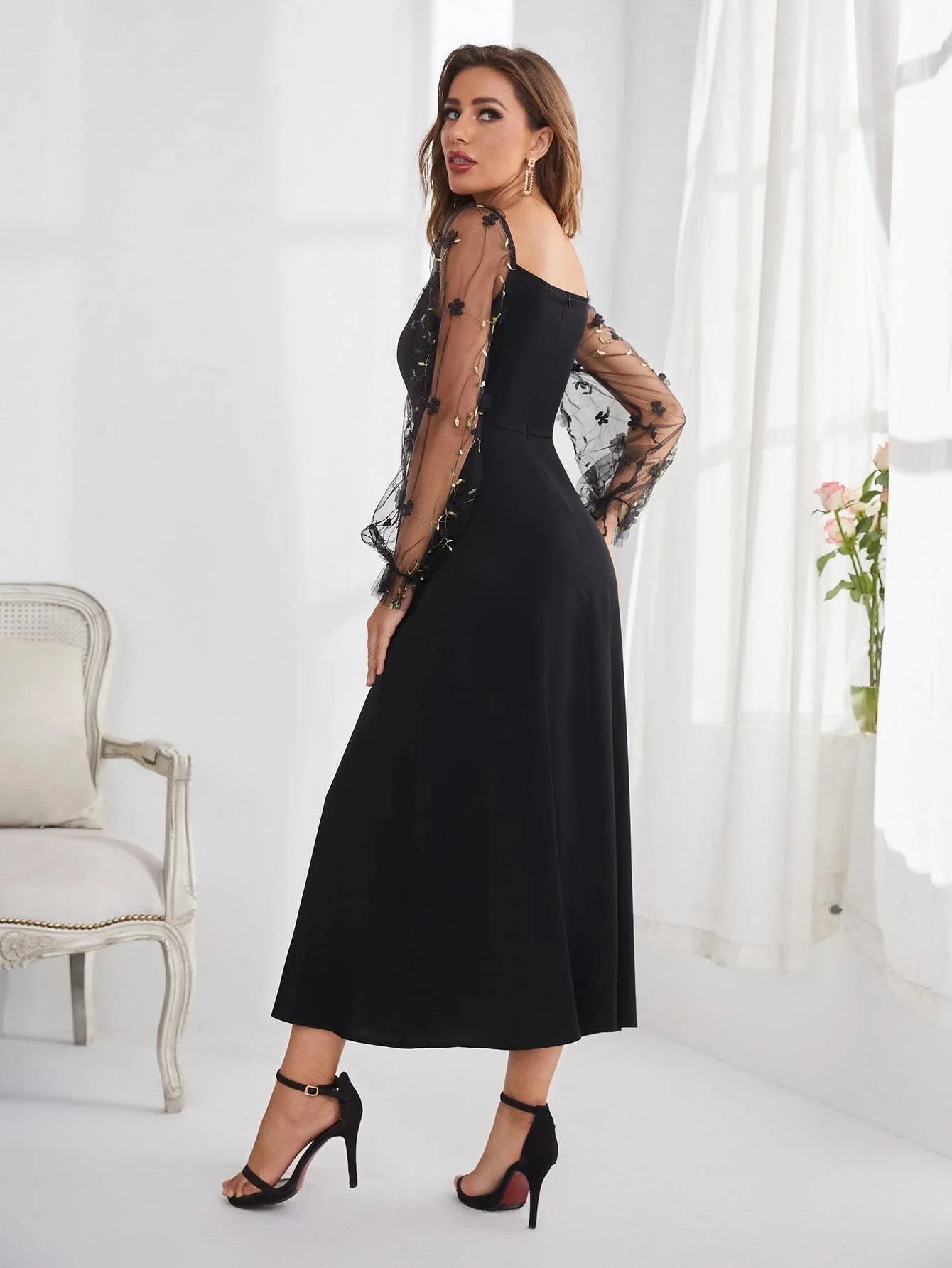 Buy Shein Embroidery Mesh Flounce Sleeve A-line Dress in Pakistan