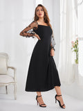 Buy Shein Embroidery Mesh Flounce Sleeve A-line Dress in Pakistan