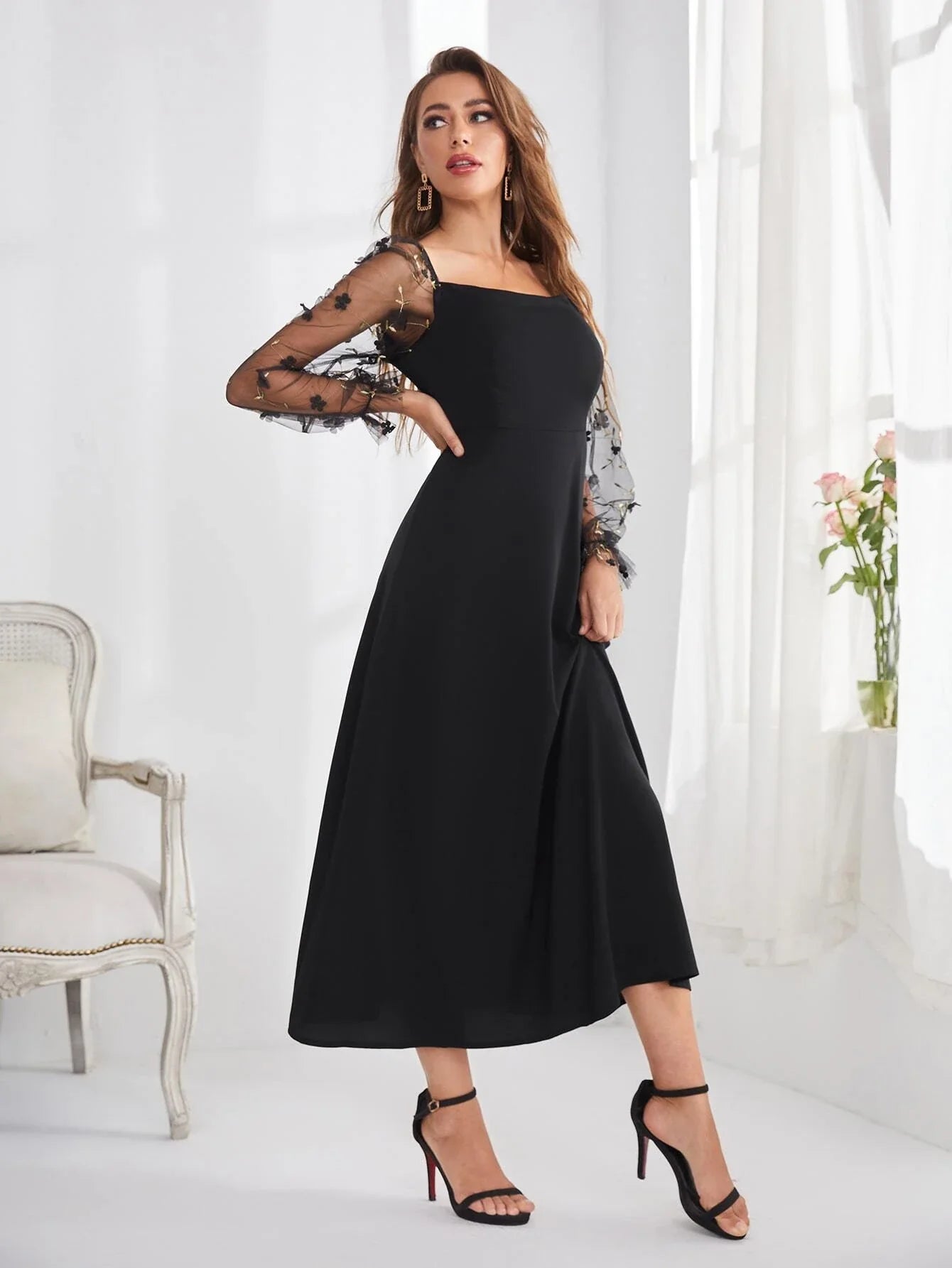 Buy Shein Embroidery Mesh Flounce Sleeve A-line Dress in Pakistan