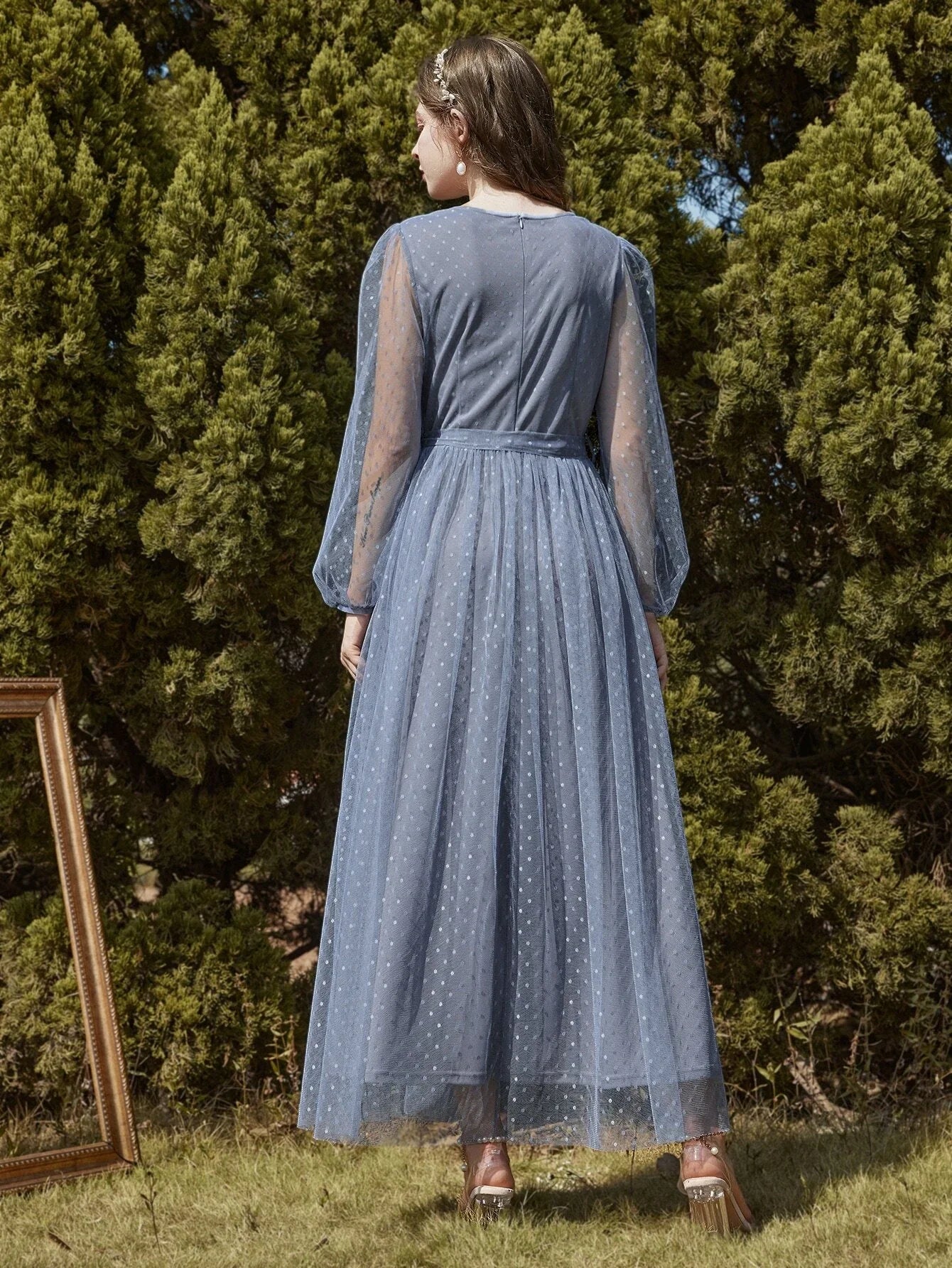 Buy SHEIN Modely Dobby Mesh Bishop Sleeve Belted Maxi Dress in Pakistan