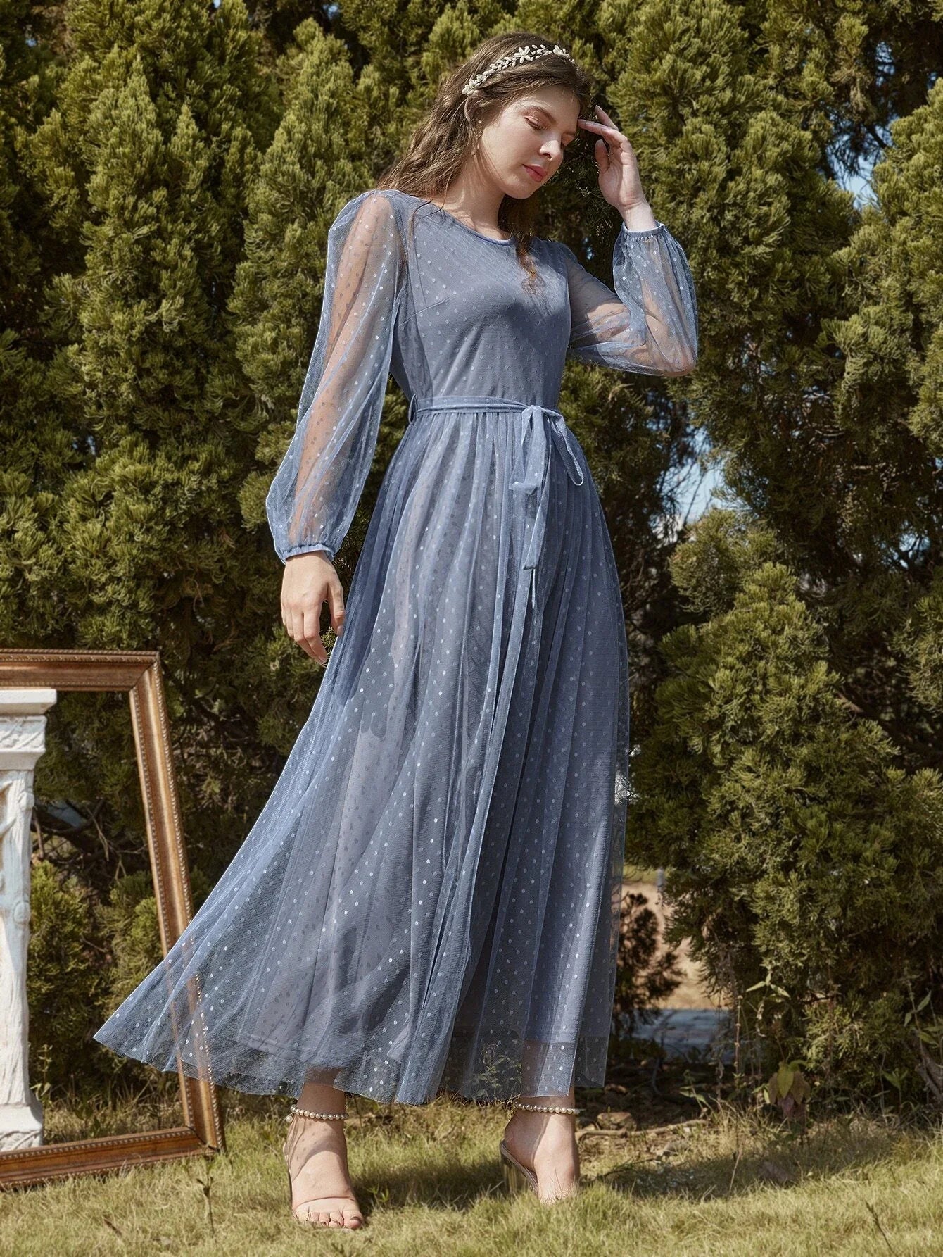 Buy SHEIN Modely Dobby Mesh Bishop Sleeve Belted Maxi Dress in Pakistan