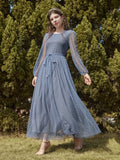 Buy SHEIN Modely Dobby Mesh Bishop Sleeve Belted Maxi Dress in Pakistan