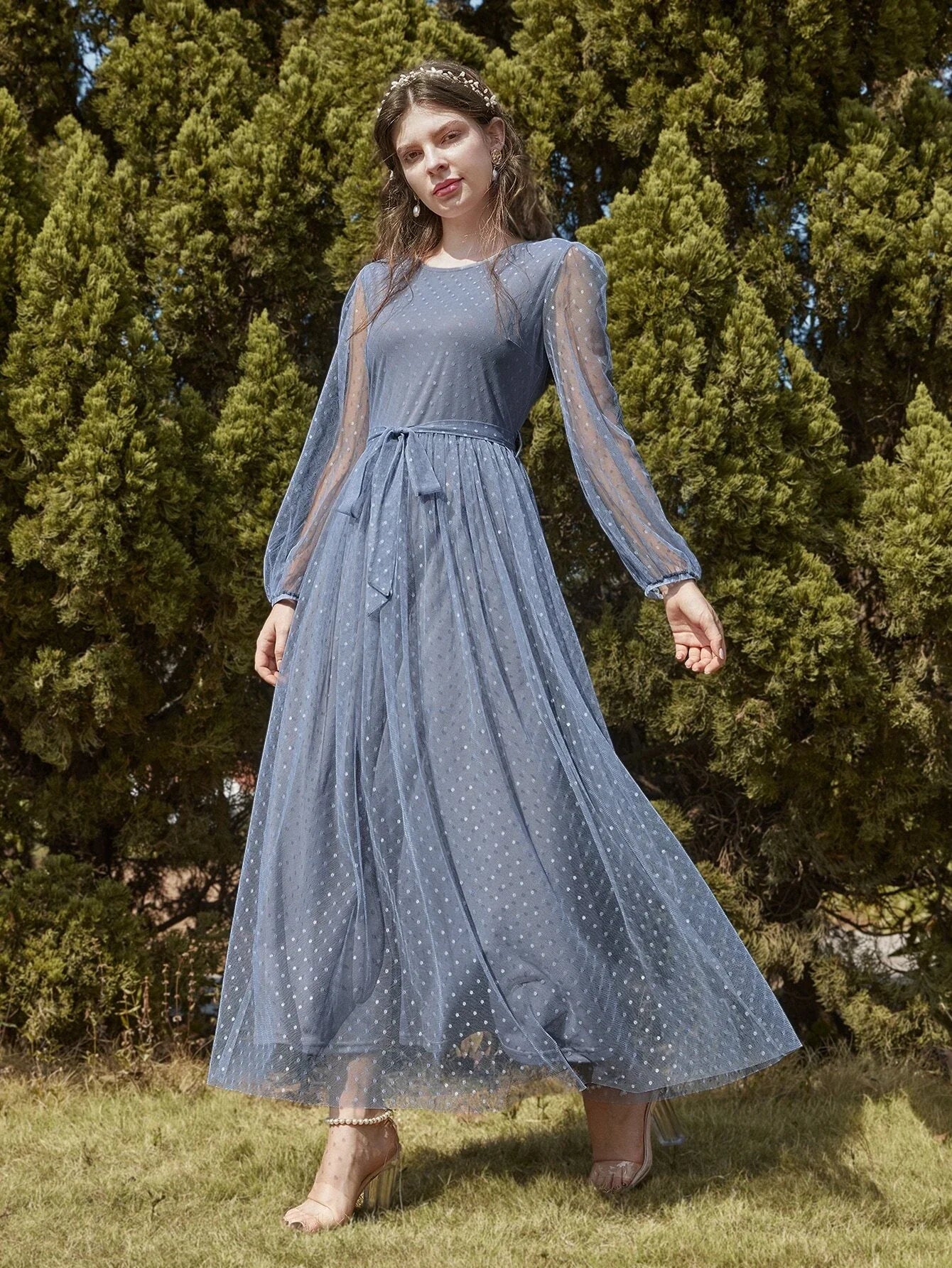 Buy SHEIN Modely Dobby Mesh Bishop Sleeve Belted Maxi Dress in Pakistan