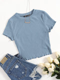 Buy SHEIN Qutie Solid Lettuce Trim Rib-knit Tee in Pakistan