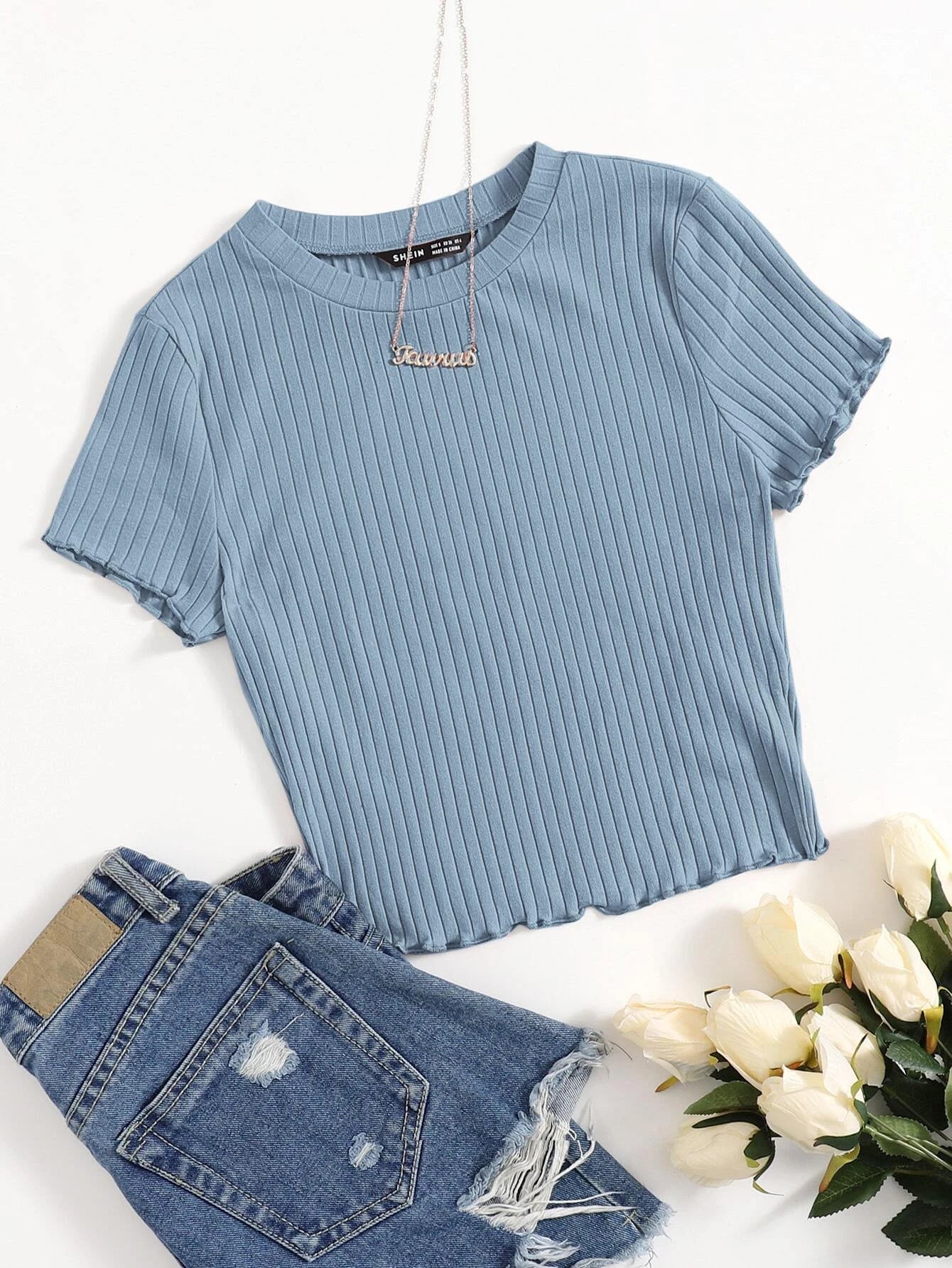 Buy SHEIN Qutie Solid Lettuce Trim Rib-knit Tee in Pakistan