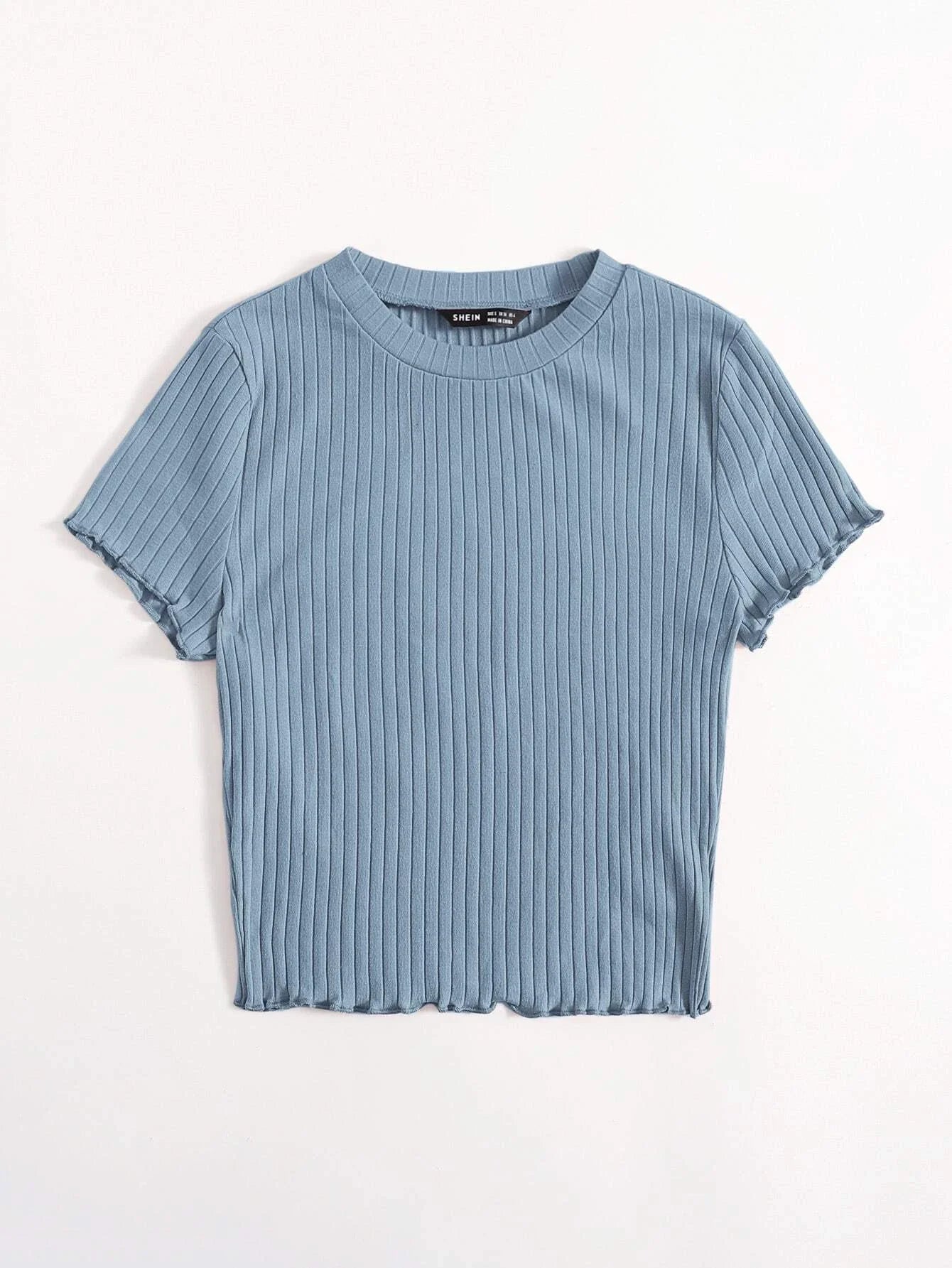 Buy SHEIN Qutie Solid Lettuce Trim Rib-knit Tee in Pakistan