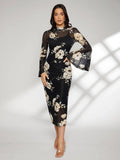 Buy SHEIN Floral Print Bell Sleeve Split Back Dress in Pakistan