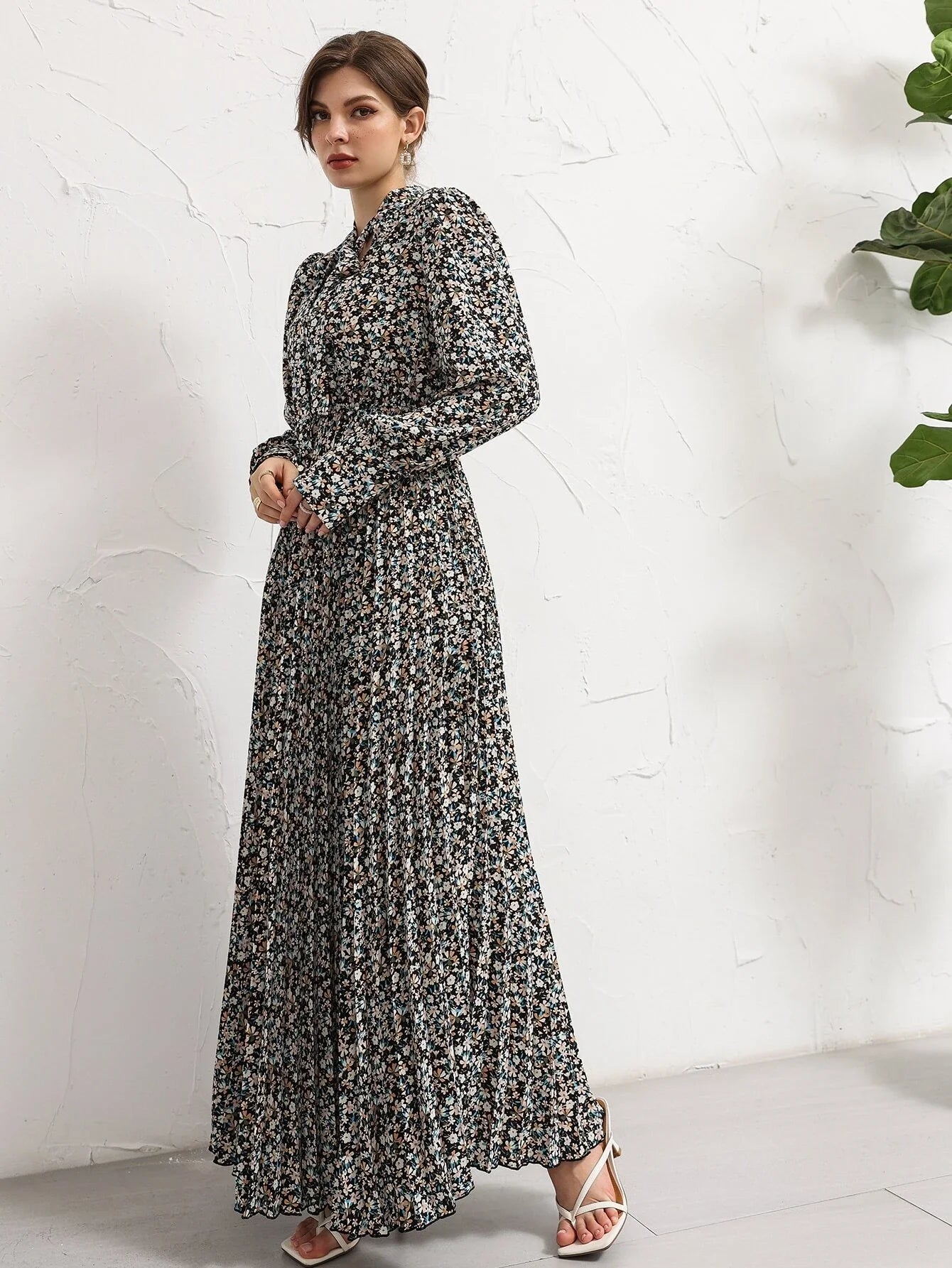 Buy SHEIN Mulvari Ditsy Floral Tie Neck Pleated Shirt Dress in Pakistan