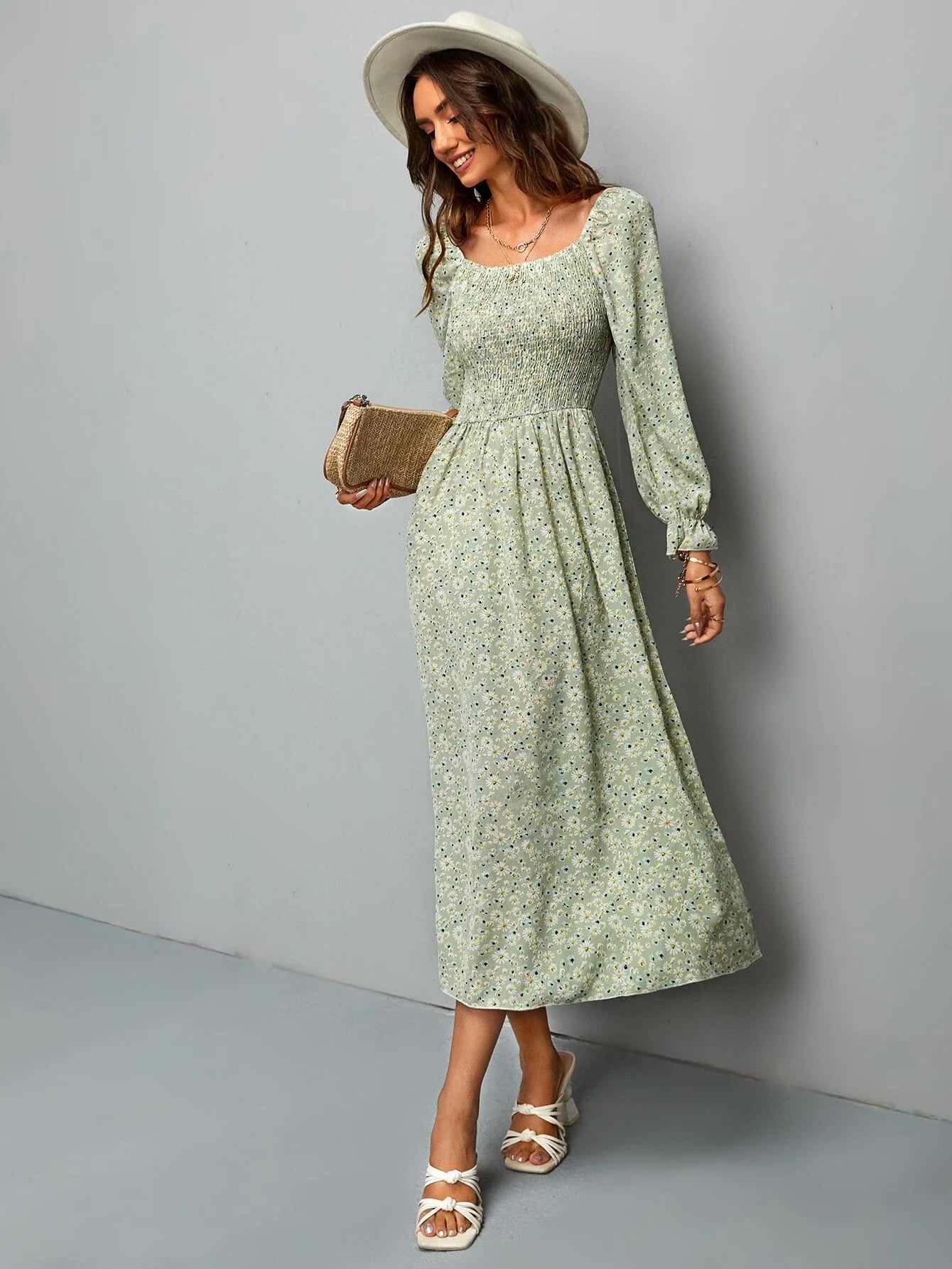 Buy SHEIN VCAY Ditsy Floral Shirred Flounce Sleeve A-line Dress in Pakistan