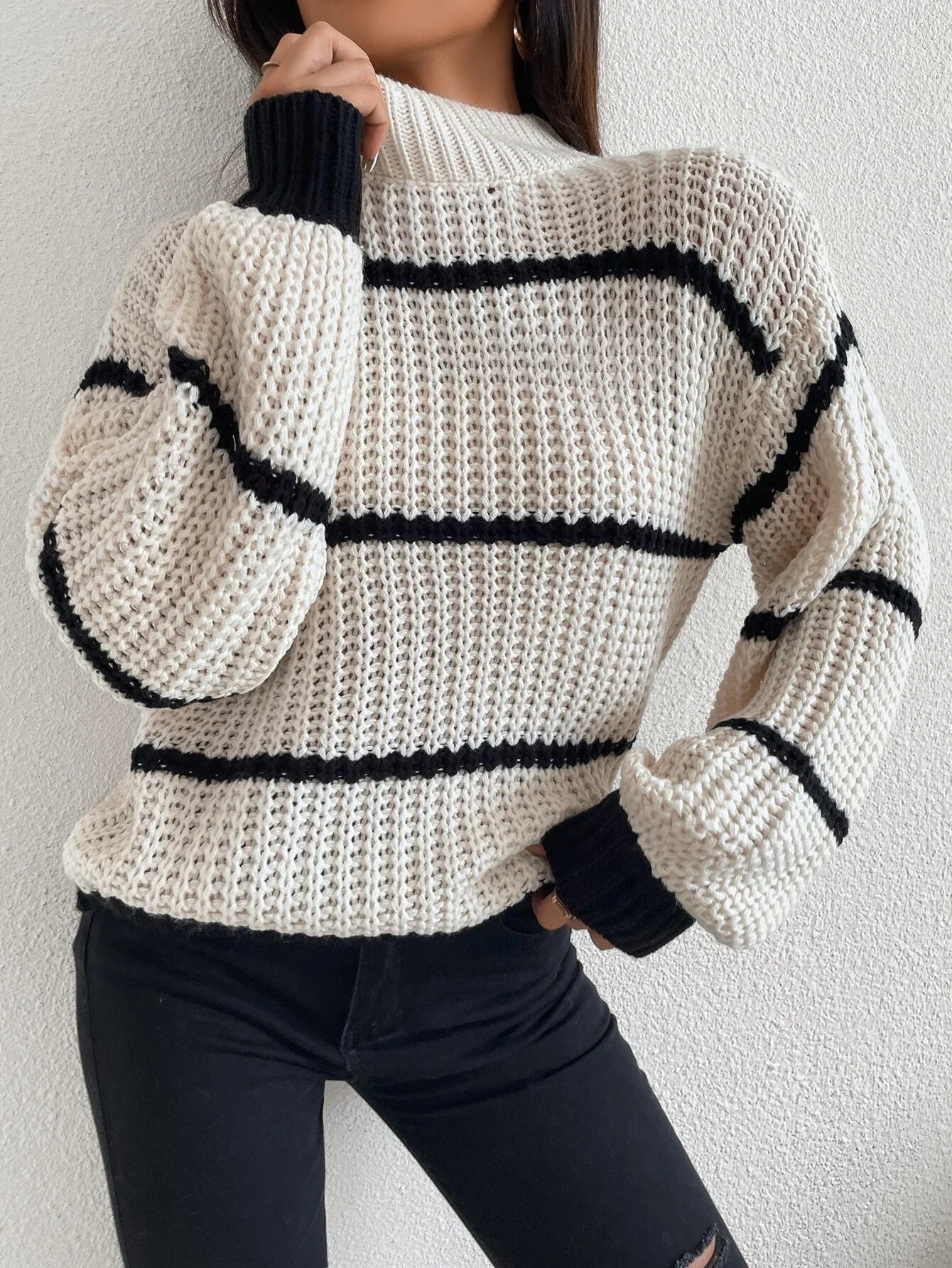 Buy SHEIN Striped Mock Neck Drop Shoulder Sweater in Pakistan