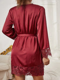 Buy SHEIN Embroidered Mesh Trim Satin Slips With Belted Robe in Pakistan