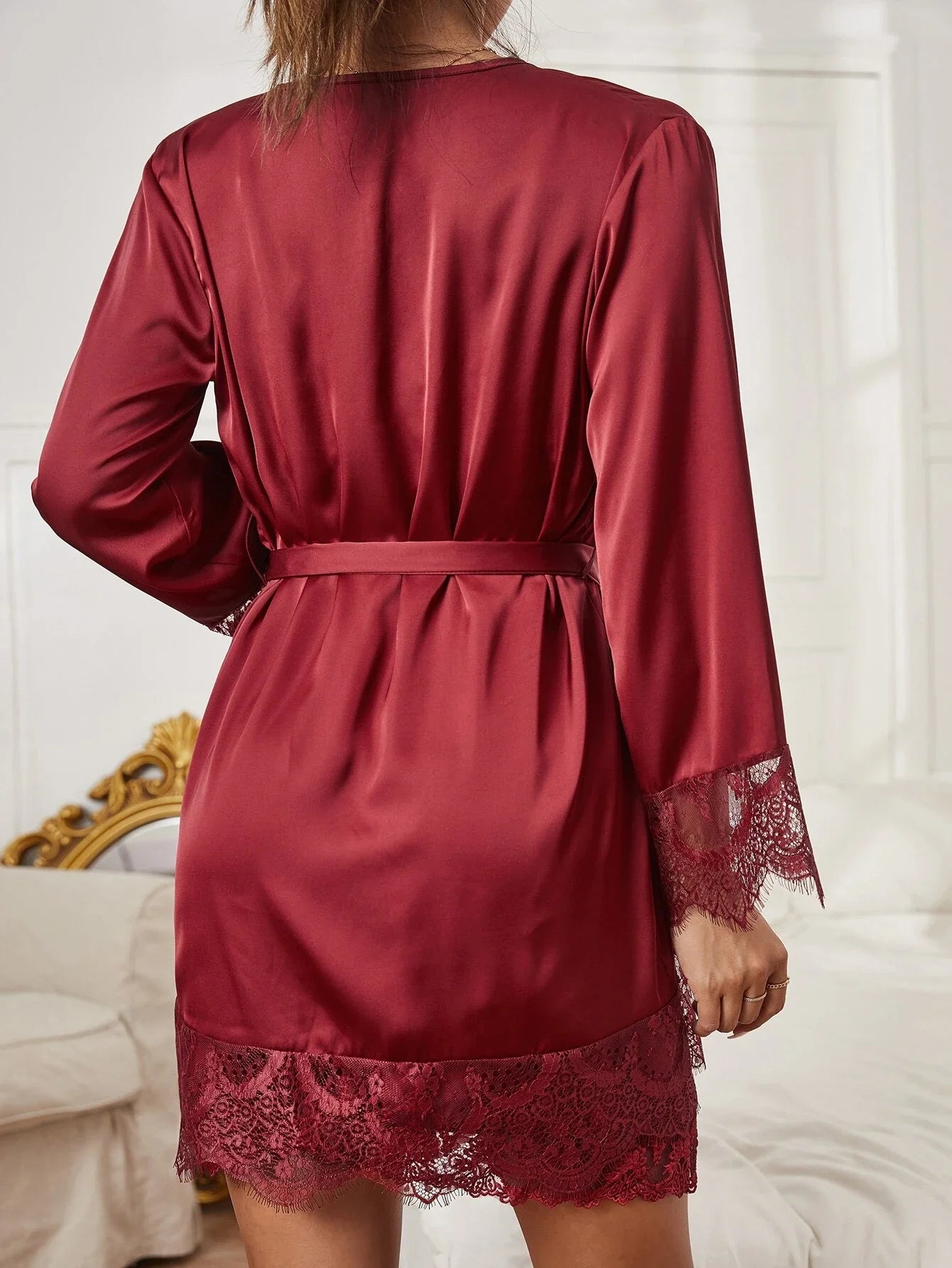Buy SHEIN Embroidered Mesh Trim Satin Slips With Belted Robe in Pakistan