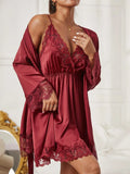 Buy SHEIN Embroidered Mesh Trim Satin Slips With Belted Robe in Pakistan