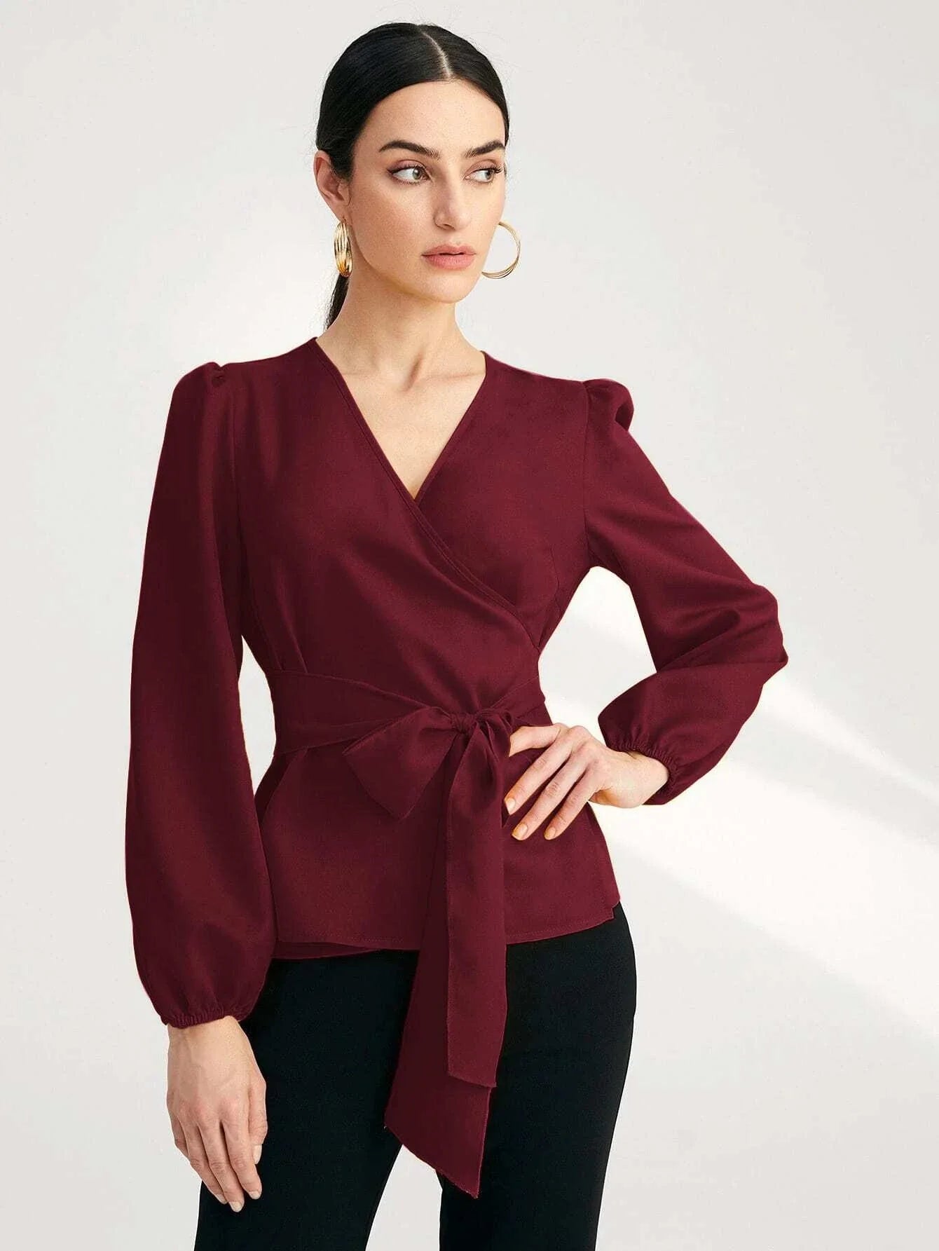 Buy Shein Solid Surplice Front Belted Blouse in Pakistan