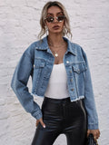 Buy Shein Decorative Pocket Drop Shoulder Raw Hem Denim Jacket in Pakistan