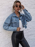 Buy Shein Decorative Pocket Drop Shoulder Raw Hem Denim Jacket in Pakistan