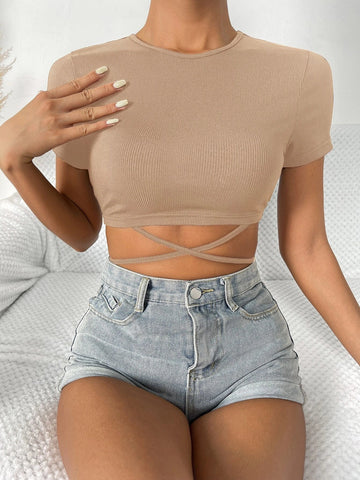 Buy SHEIN Solid Crisscross Tie Back Crop Tee in Pakistan