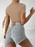 Buy SHEIN Solid Crisscross Tie Back Crop Tee in Pakistan