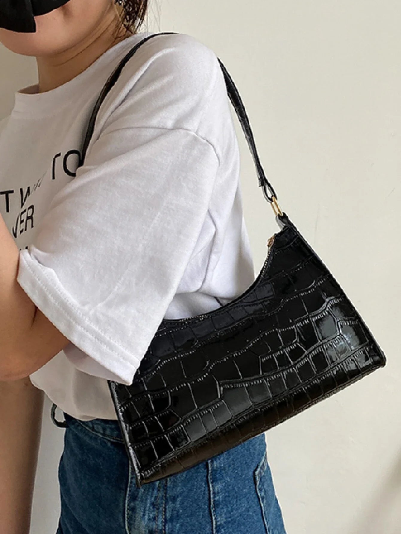 Buy SHEIN Crocodile Embossed Shoulder Bag, Fashion Retro Zipper Bag Casual Waterproof Handbag in Pakistan