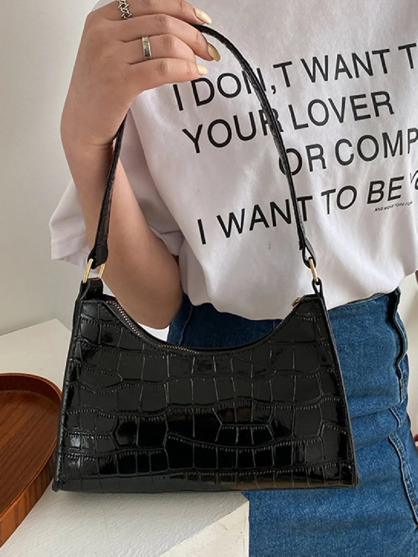 Buy SHEIN Crocodile Embossed Shoulder Bag, Fashion Retro Zipper Bag Casual Waterproof Handbag in Pakistan