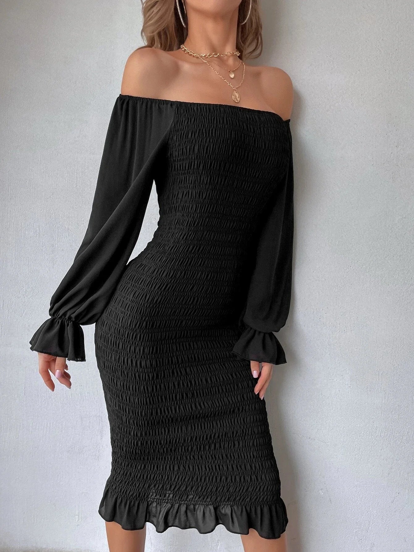 Buy SHEIN Off Shoulder Flounce Sleeve Ruffle Hem Shirred Chiffon Bodycon Dress in Pakistan