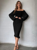 Buy SHEIN Off Shoulder Flounce Sleeve Ruffle Hem Shirred Chiffon Bodycon Dress in Pakistan