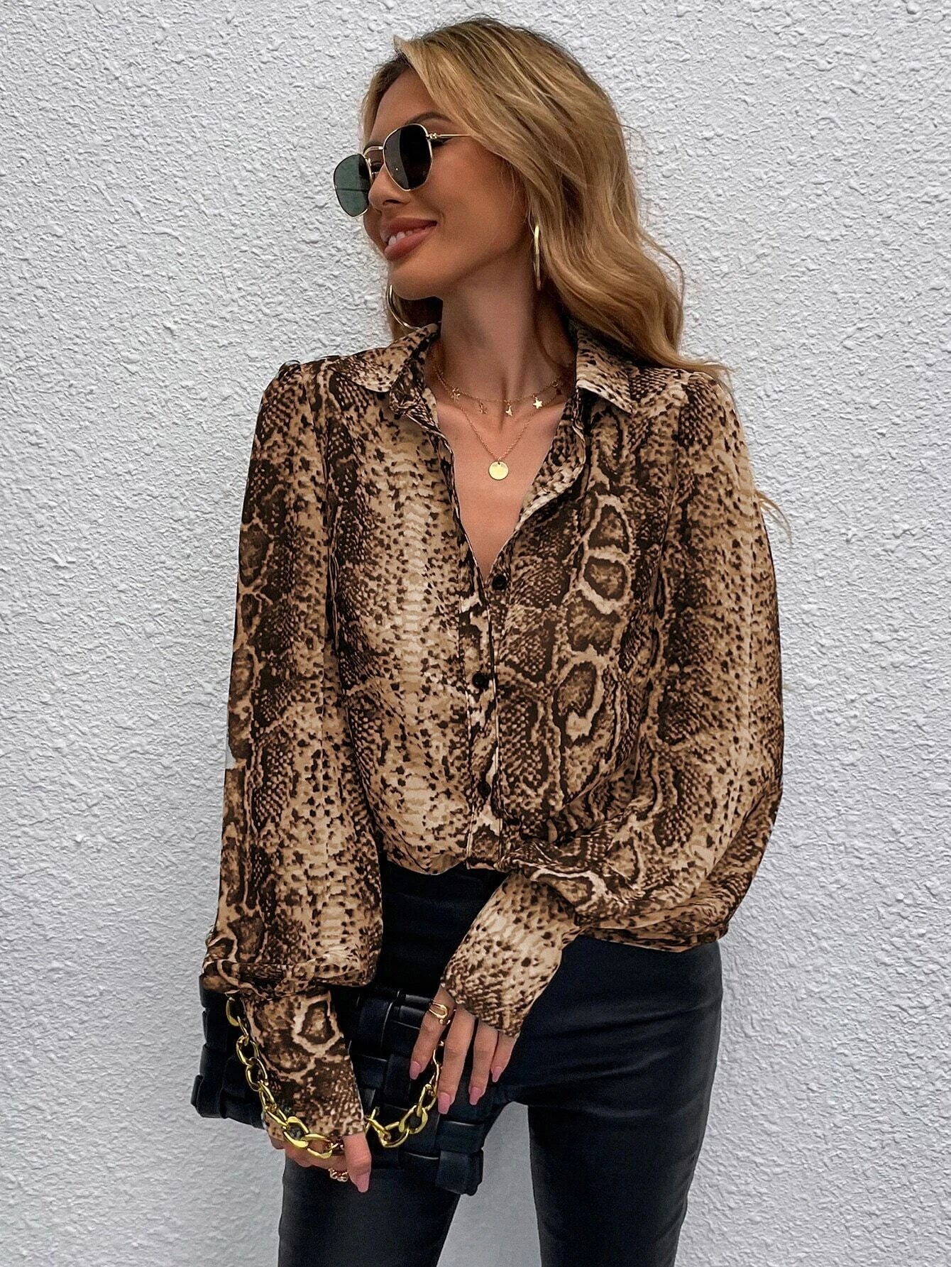 Buy SHEIN Snakeskin Print Bishop Sleeve Blouse in Pakistan