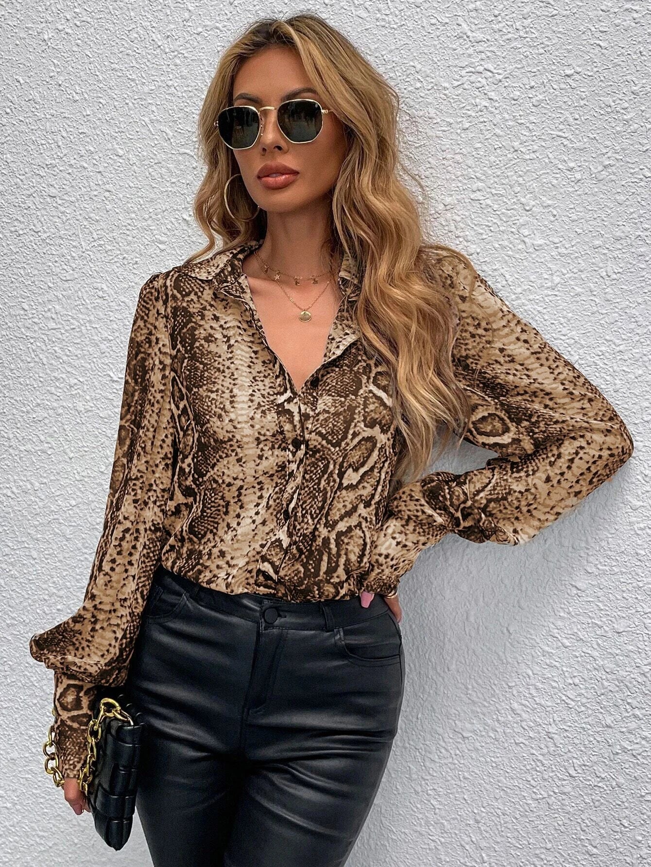 Buy SHEIN Snakeskin Print Bishop Sleeve Blouse in Pakistan
