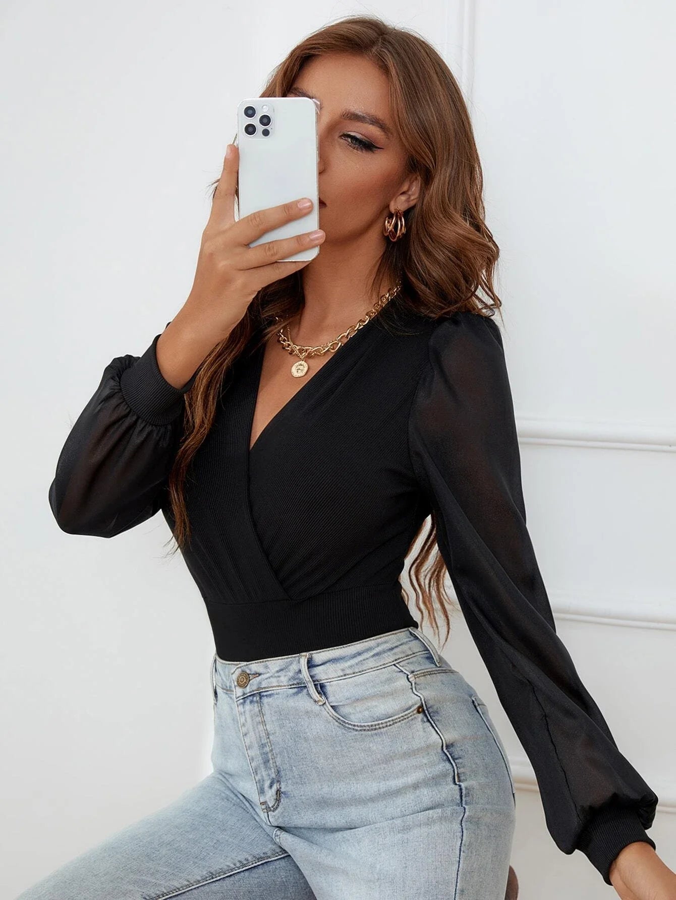 Buy SHEIN Contrast Mesh Puff Sleeve Bodysuit in Pakistan