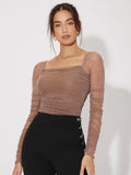 Buy SHEIN Mesh Panel Ruched Glitter Top in Pakistan
