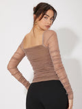 Buy SHEIN Mesh Panel Ruched Glitter Top in Pakistan