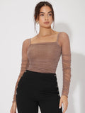 Buy SHEIN Mesh Panel Ruched Glitter Top in Pakistan