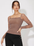 Buy SHEIN Mesh Panel Ruched Glitter Top in Pakistan