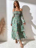 Buy SHEIN Mulvari Allover Floral Print Off The Shoulder Shirred Layered Hem Dress in Pakistan