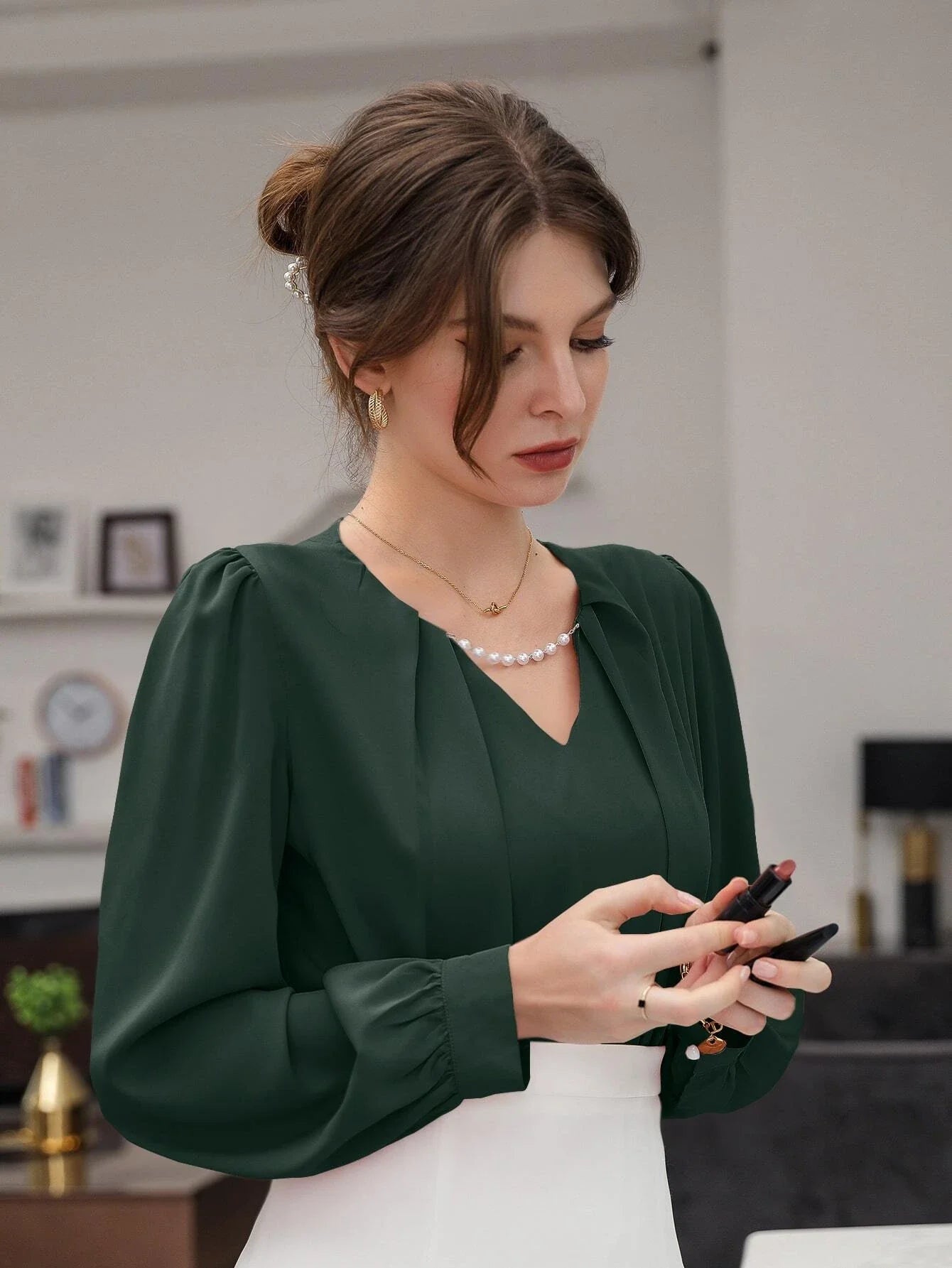 Buy SHEIN Puff Sleeve Solid Blouse in Pakistan